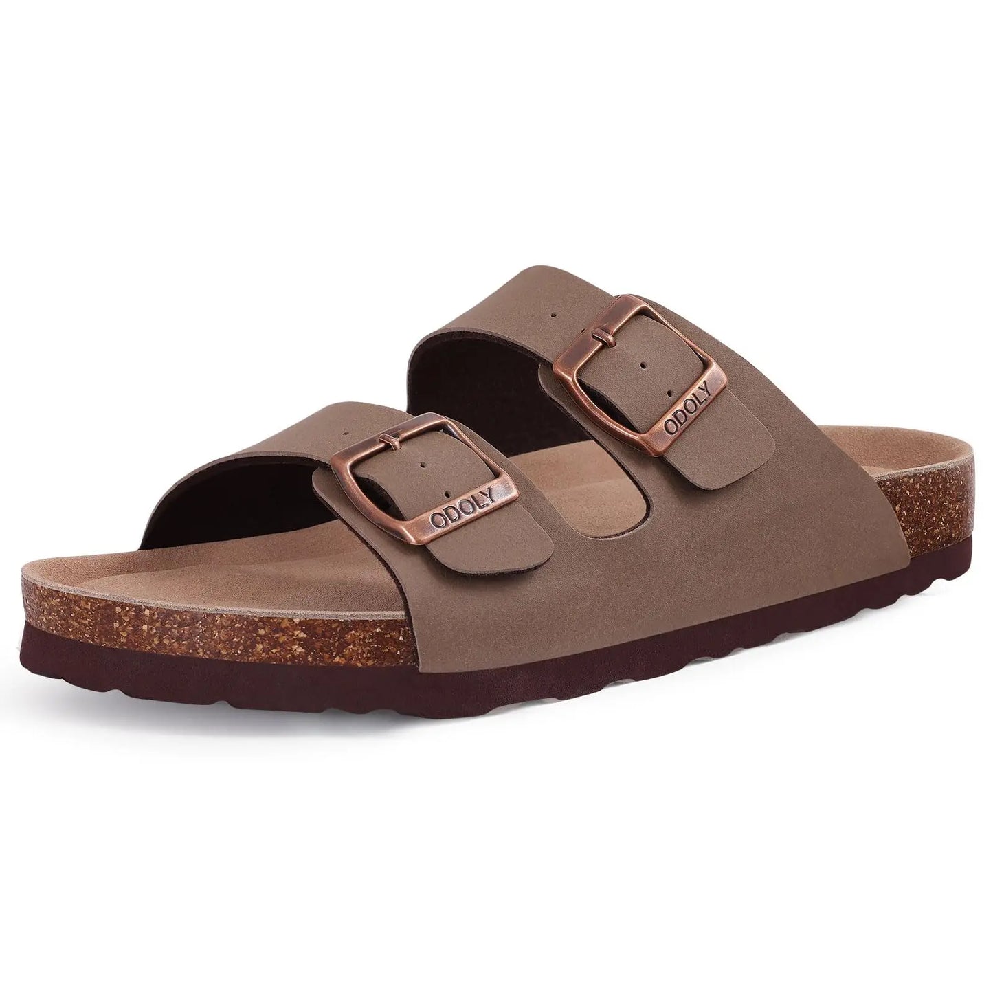Comwarm Fashion Men Leather Sandals Summer Cork Footbed Slide Sandals Beach Sandals Unisex Brand Sandals with Adjustable Buckle