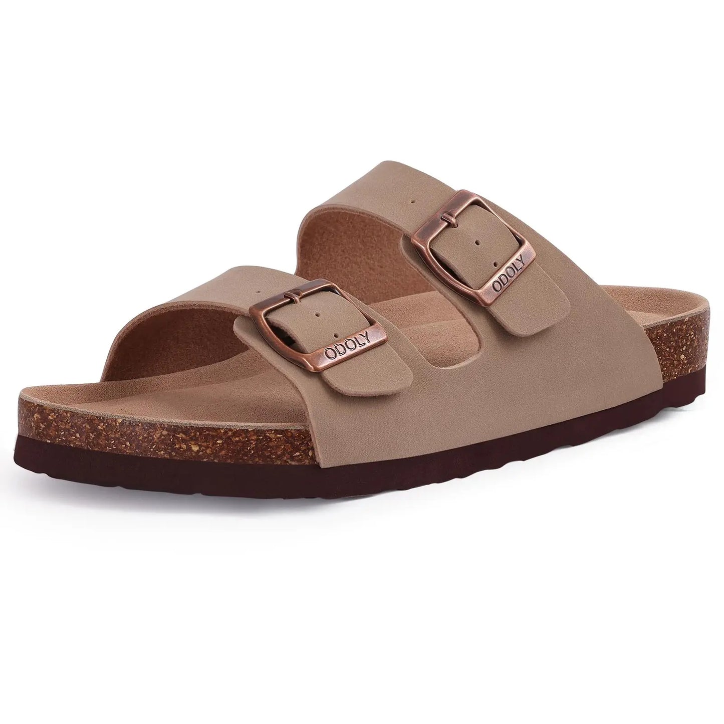 Comwarm Fashion Men Leather Sandals Summer Cork Footbed Slide Sandals Beach Sandals Unisex Brand Sandals with Adjustable Buckle